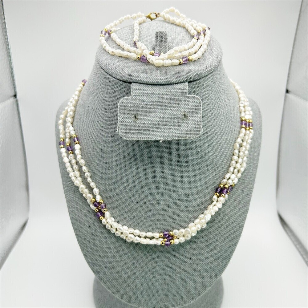 Vintage 3-Strand Freshwater Rice Pearl Necklace & Bracelet Set Purple Beaded